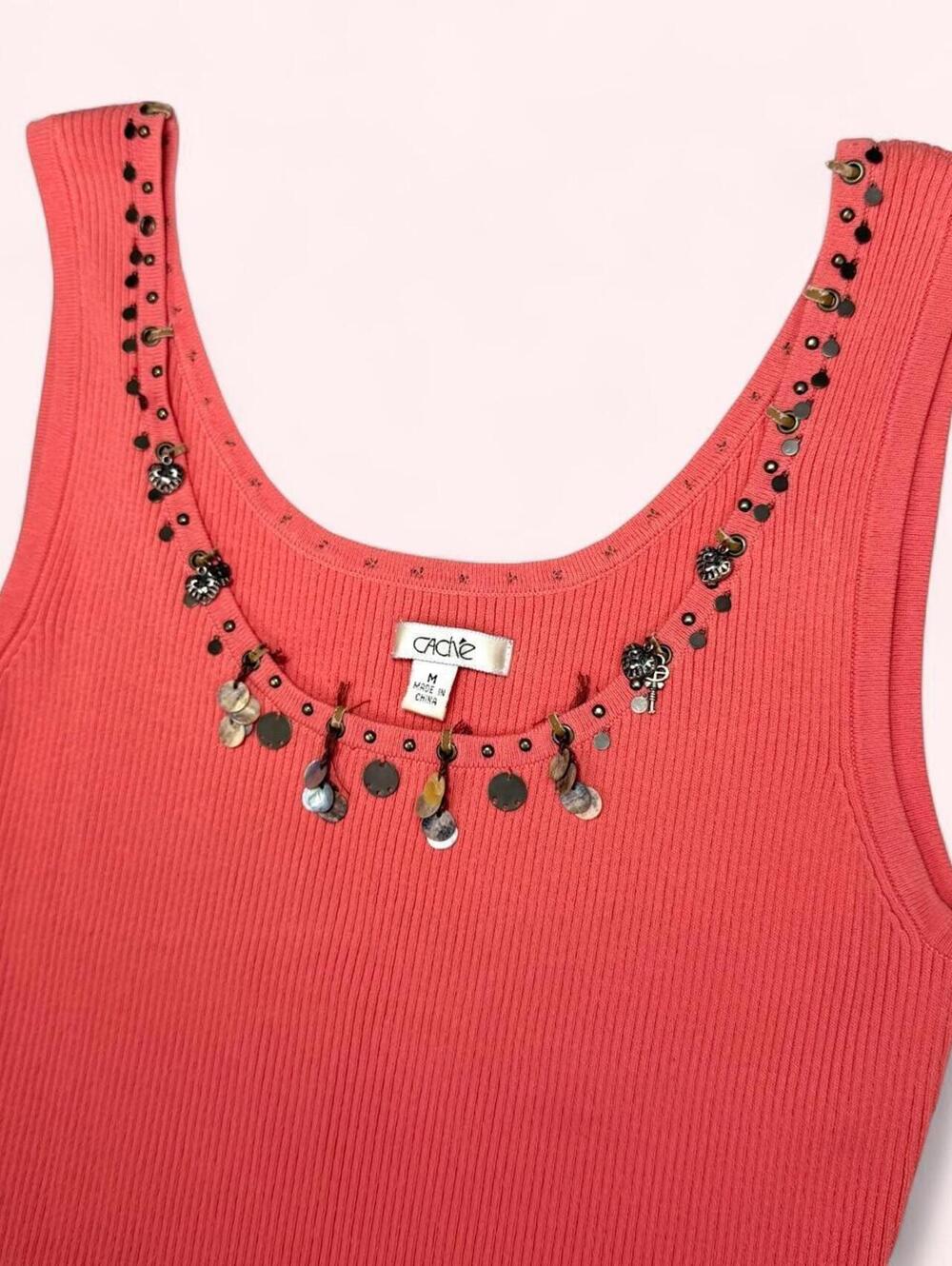 Y2K Cache beaded tank top with embellishments and studs across neckline